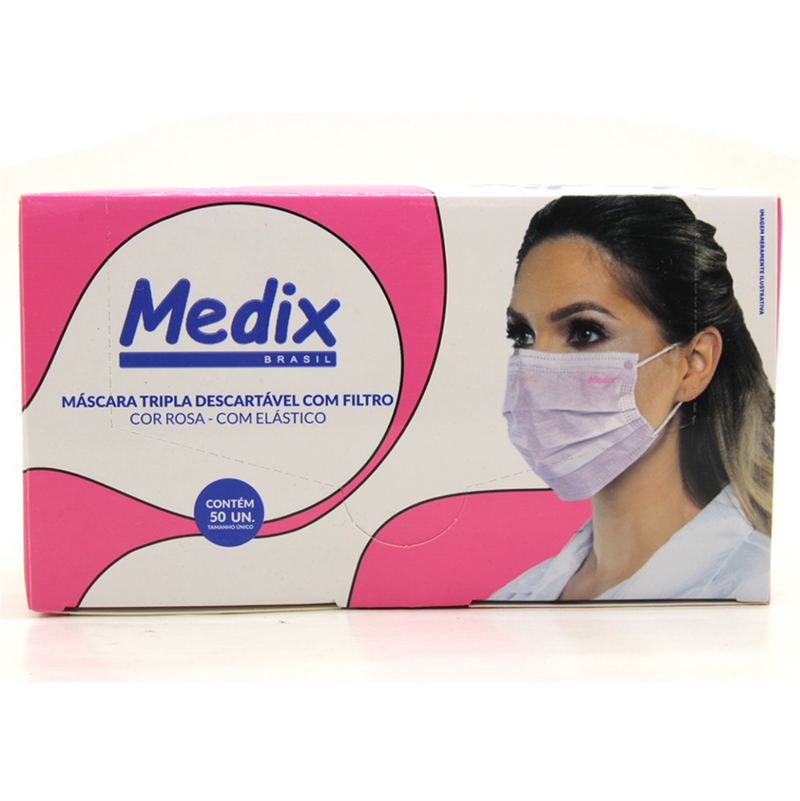Máscara Tripla Descartável Rosa 50un - Medix