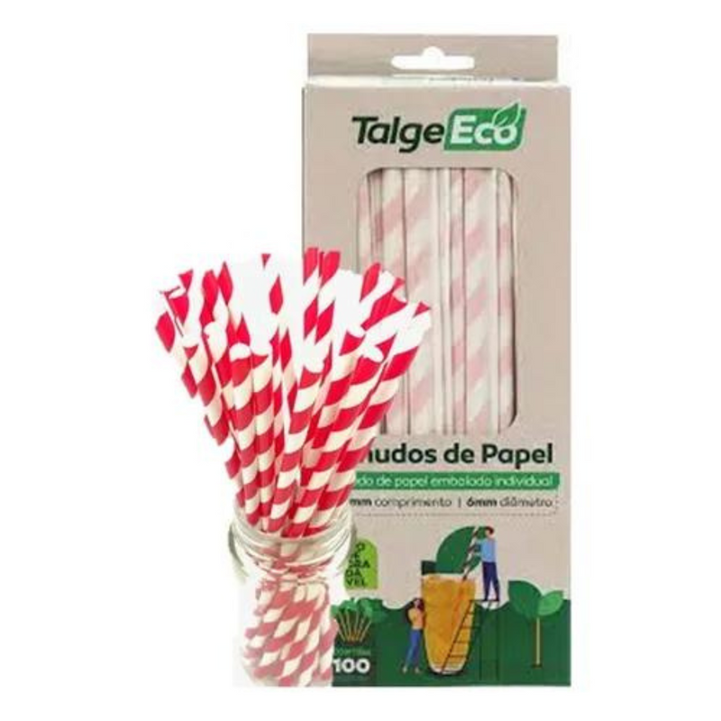 Canudo de Papel Branco e Vermelho 100un - Talge