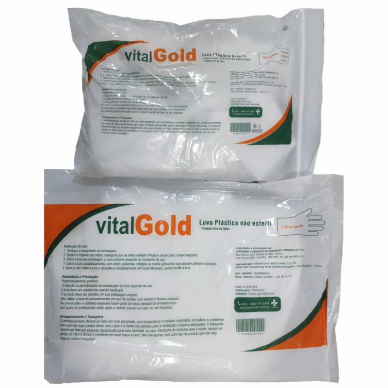 Luva Plástica Estéril 100un - Vitalgold