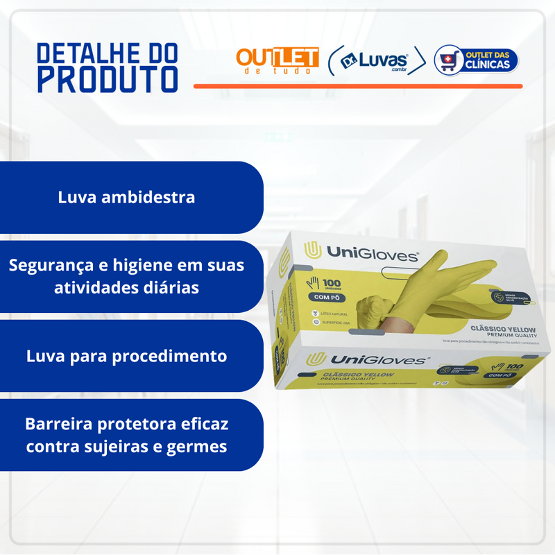 Luva de Procedimento Látex Amarela Com Pó 100un - Unigloves