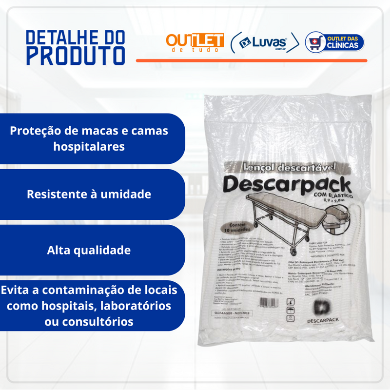 Lençol Descartável Com Elástico 9cm x 2m 10un - Descarpack