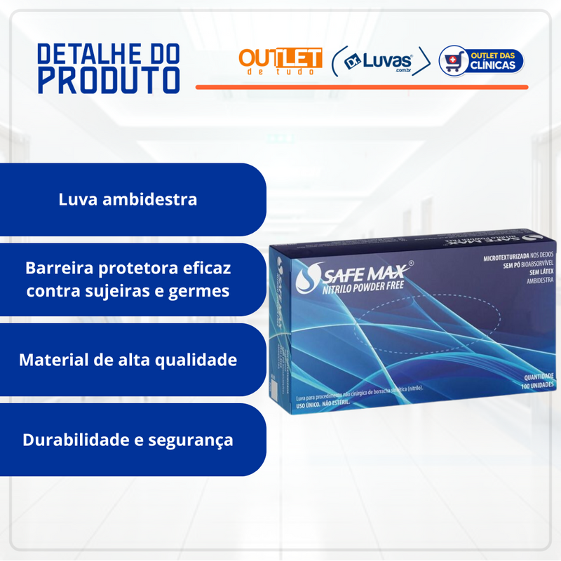 Luva Nitrílica Azul Sem Pó 100un - Safemax by Supermax