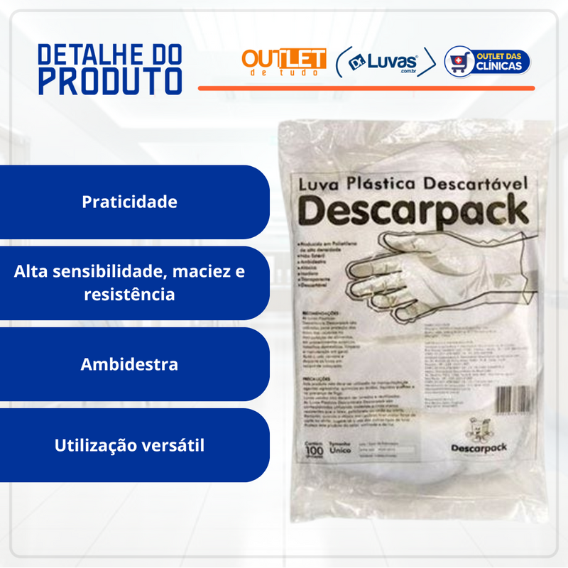 Luva Plástica Descartável 100un - Descarpack