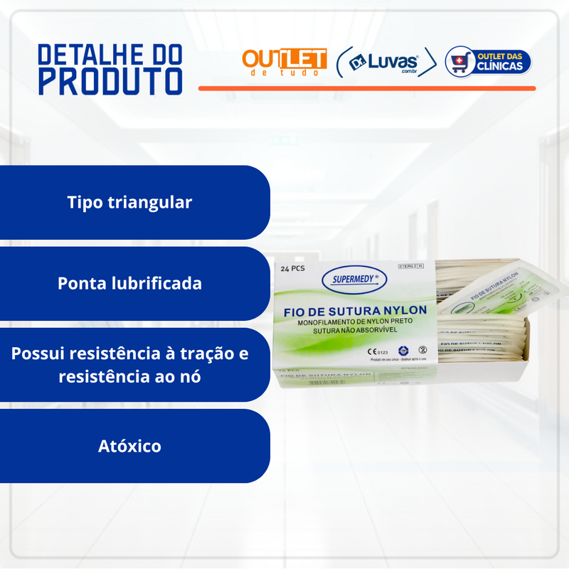 Fio De Sutura Nylon 6-0 Com Agulha Curva 20mm 24un - Supermedy